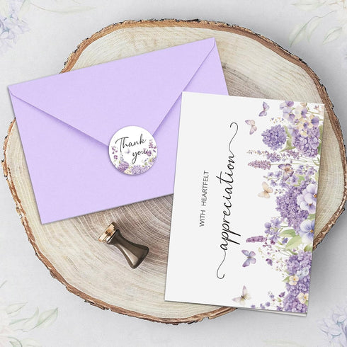 Set 50, 4x6In Funeral Thank You Cards with Envelopes, of Purple Watercolor Butterfly Floral Design Message Inside