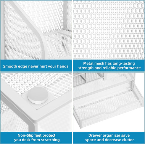 Marbrasse Mesh Pen Holder for Desk, Multi-Functional Organizer with Drawer for Office Art Supplies, White