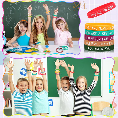 JUNEBRUSHS 64pcs Motivational Silicone Bracelets, Bulk Colored Inspirational Rubber Wristbands for Student Teacher Gifts