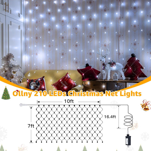 IP67 210LED 10x7ft 8 Ollny Net Lights Outdoor Mesh Lights Waterproof, Cool White Christmas Net Lights, Connectable