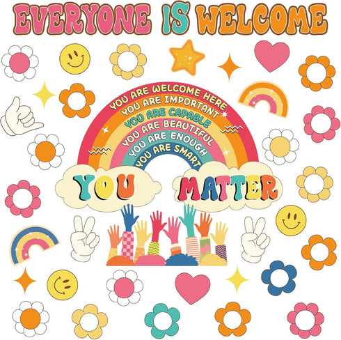 Retro Bulletin Board Decorations Groovy Classroom Decor 35Pcs Everyone is Welcome Positive Motivational Inspirational