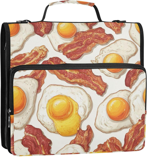 Fisyme 3 Fried Bacon Eggs Zipper Binder Ring with Zipper and Shoulder Strap Large Capacity Multi-Pocket Binder