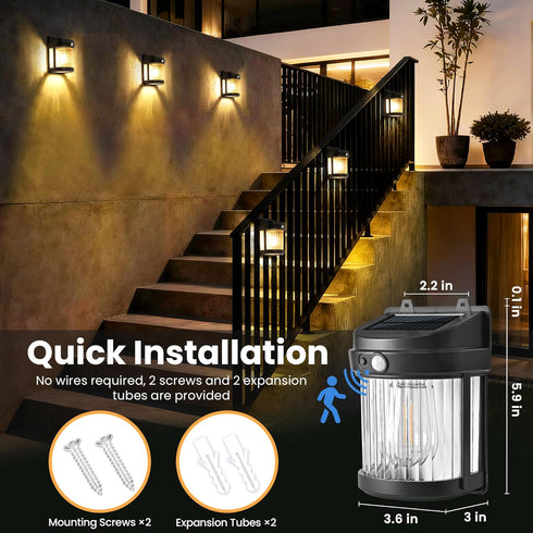 PEVOROS 4 Pack 3 (6x3.6x2.2 inch) Solar Fence Lights, Solar Motion Fence Deck Lights Outdoor, Modes for Step Wall Step