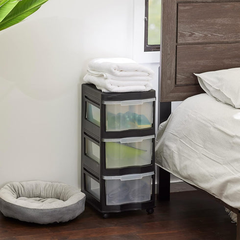 Life Story Classic 3 Tier Shelf, Standing Plastic Storage Drawers and Organizer with Wheels for Home, Black/Clear