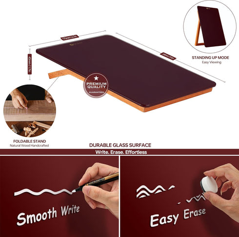Glass Desk Whiteboard with Reversible Wood Stand, Burgundy Red, Small Portable Dry Erase Board for Office, Home, School