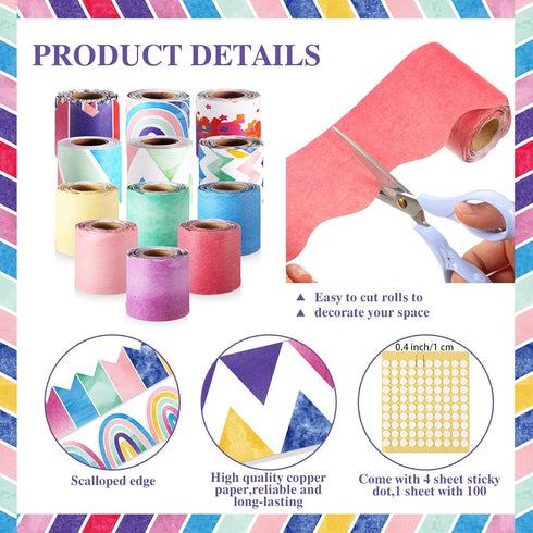 Qilery 12 Rolls 394 ft Classroom Border Sets for Bulletin Board, Scalloped Bulletin Trim for Decoration