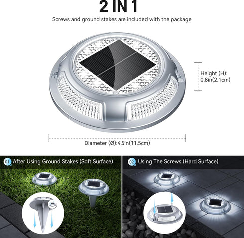 4 Pack 2 IP68 Solar Driveway Lights, Heavy Duty Driveway Lights Solar Powered Color Mode (Cool/Warm White) Waterproof