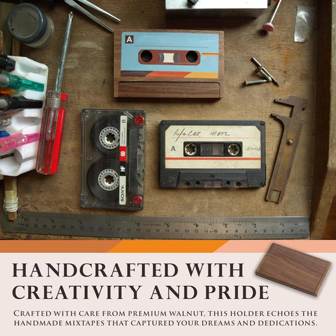 Cassette 1520 34 UNIC Retro Tape Business Card Holder Natural Walnut Wood Vintage Design, Holds Business Cards