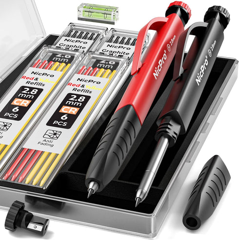 Nicpro 2 Pack Carpenter Pencil Set - Mechanical Woodworking Pencils with Sharpener, 26 Refills, and Case