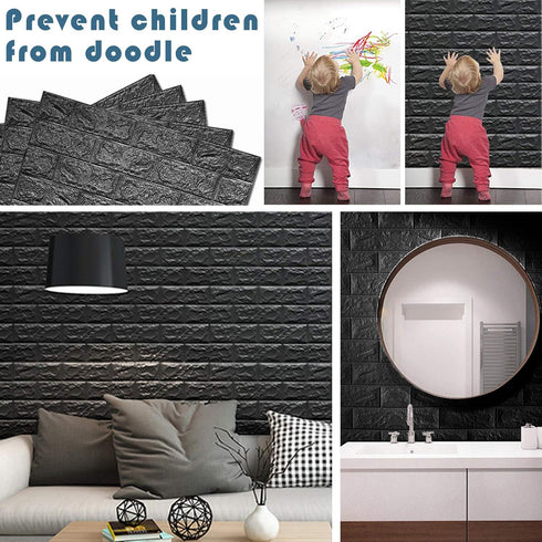 10 PCS Black 3D Wall Panels - 14.5 sq.feet Coverage, Self-Adhesive Waterproof Brick PE Foam Panels for Interior Wall
