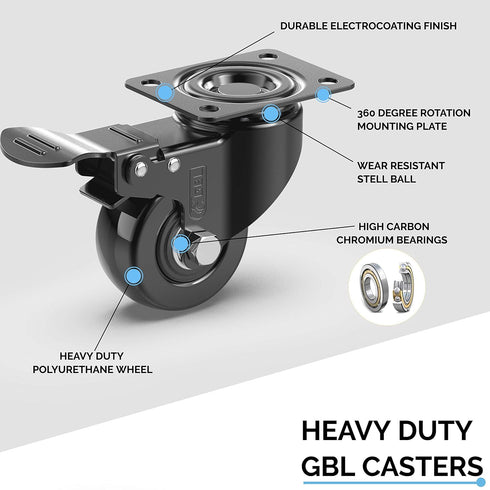 GBL 2" Heavy Duty Caster Wheels with Brakes, Set of 4, Up to 440Lbs, Silent Rubbered Trolley Wheels