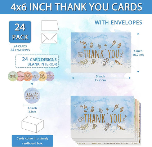 Zonon 24 Pack 2026 6 4 inch(Lovely Watercolor Thank You Cards with Envelope Thank You Notes with Round Stickers Gold