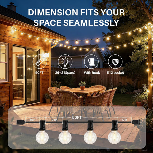 wtiyvxr 50 G40 Lights,26 Bulbs(2 IP65 Dimmable Bulbs E12 2700K FT Outdoor String Lights Globe Shatterproof Patio