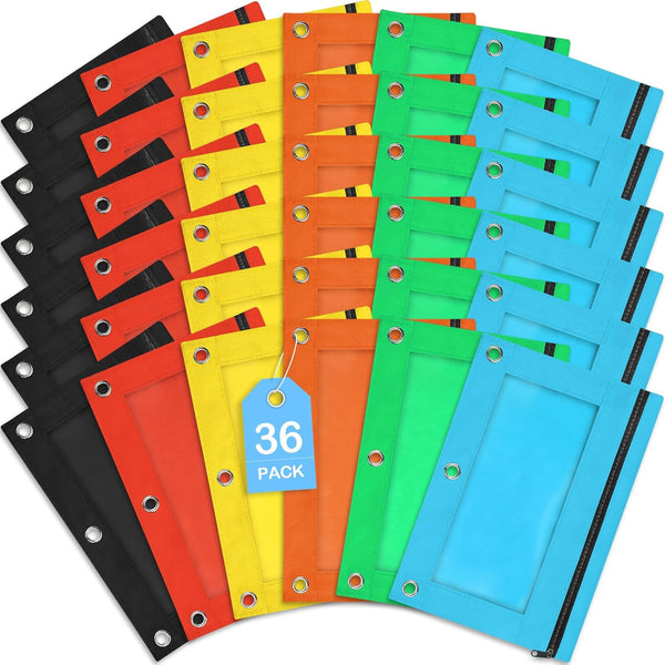 SpringFlower 36 Pack Pencil Pouch for 3 Ring Binder, Smooth Zipper Pencil Pouch Bulk for School Office Supplies