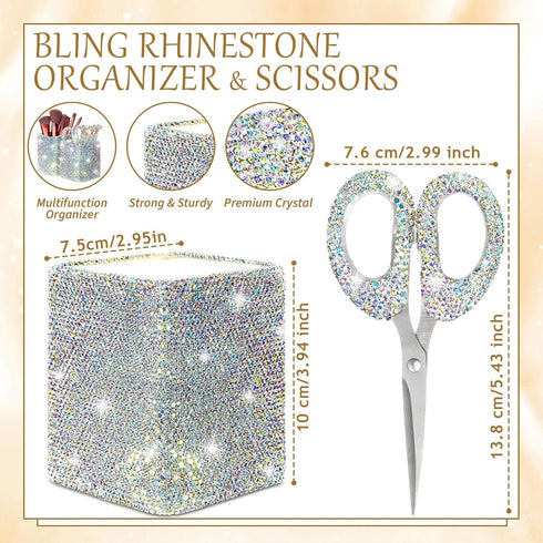 Qilery 8 Pcs Bling Desk Accessories for Valentines with 1 Bling Pen Holder 6 Pcs Crystal Rhinestone Pens 1 Crystal Scissors Glitter Crystal Makeup Brush Holder Vanity Decor Organizer(Multicolor) by Qilery