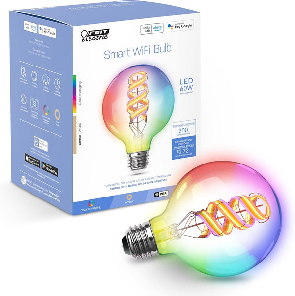 Feit Electric 60 Watt Equivalent Smart Filament Globe Bulb, Spiral Filament WiFi