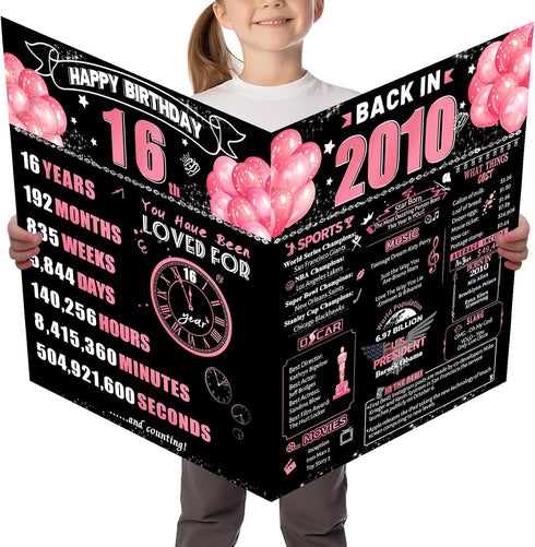 FOBELEC 16th Jumbo Birthday Card with Envelope, Black Pink Retro Birthday Decorations for