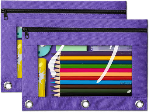 V-Opitos Pencil Pouch for 3 Ring Binder, 2 Pack Purple Zipper Pouches, Durable Cloth Case with Clear Window for Supplies