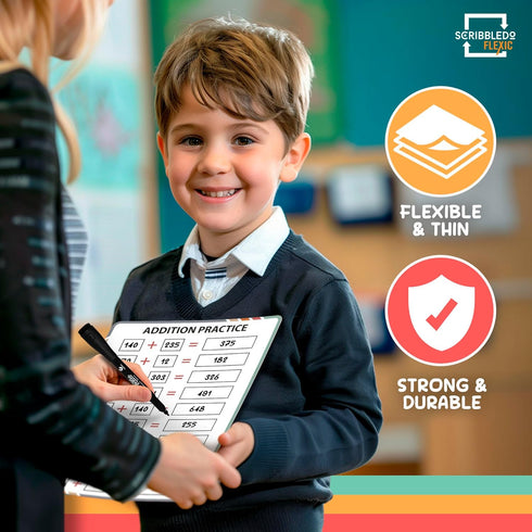 SCRIBBLEDO Addition Math Practice, 9”x12” Small White Board, Dry Erase Sheets for 1st Grade Classroom Pack