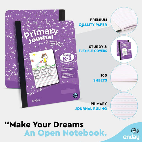 Enday Primary Journal Grades K-2, Half Page Ruled Composition Notebook for Kids, 100 Sheets, Purple (2 Pack)