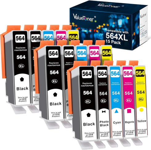 Valuetoner 15-Pack 564XL Ink Cartridges Replacement for HP Printers (3 BK, 3 PBK & 3 C/M/Y)