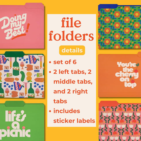 ban.do Thick Sturdy File Folders, Set of 6 Decorative File Folders with Tabs and Sticker Labels, Assorted Quotes