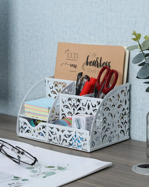 EasyPAG Desk Organizer Caddy with 6 Compartments and 1 Sliding Drawer for Home, School, White