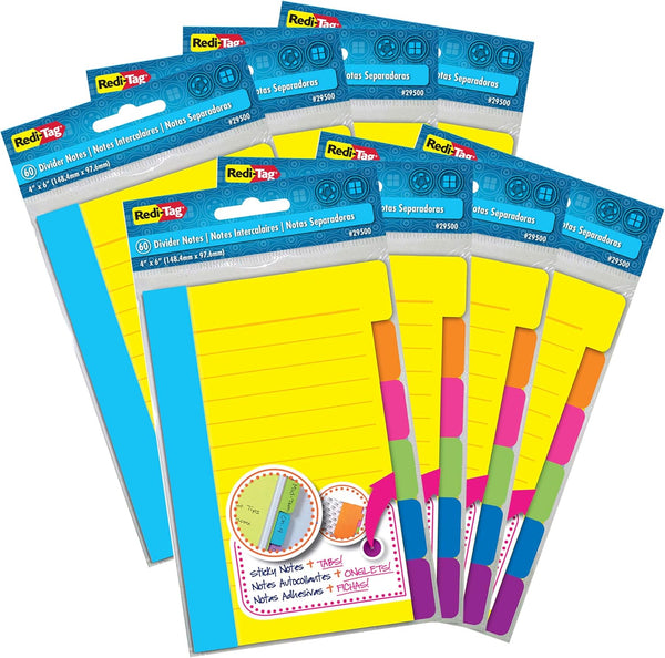 Redi-Tag Divider Sticky Notes, Tabbed Self-Stick Lined Notepads, 480 Ruled Notes, 4" x 6", 8 Books Assorted Colors