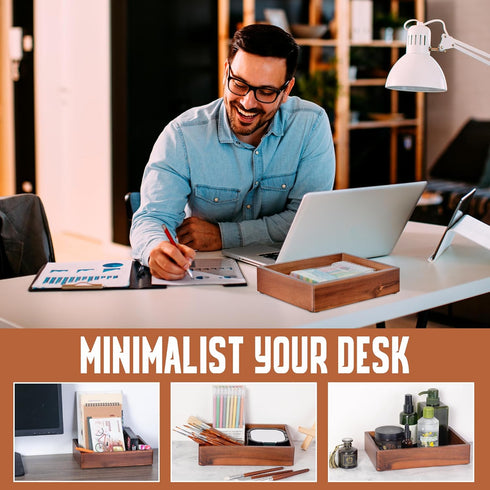 Desk Accessories Tray, 9.5x6.7x2 inch Office Box Tray for Pens, Stapler, Notes, Wooden Stationery Saver