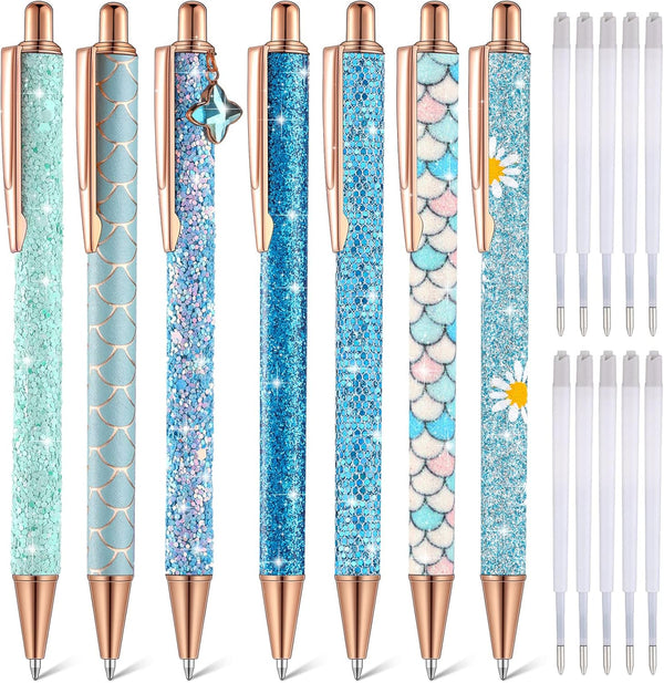 Sherr 7 Pcs Fancy Pens for Women, Cute Sparkly Glitter Pens with 10 Pcs Black Ink Refills, Gifts for Girls