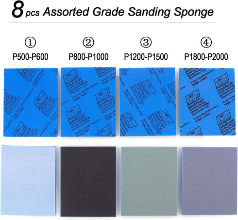 500-2000 Grit Sanding Sponge 8 Pads - 4.5" x 5.5" Ultra Fine Hand Sanding Sponges for Drywall, Metal, Wood
