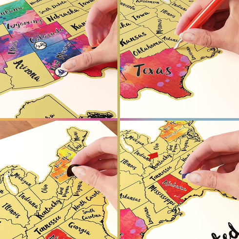 TRAVELISIMO Scratch Off Map of United States, 12x17 inch Map for Travel Tracking with 25 Unique Accessories