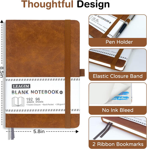 Blank Journal Notebook, A5, 192 Pages, 100 GSM Thick Sketch Book for Men and Women, Hardcover Leather Unlined