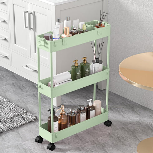 SPACELEAD Slim Storage Cart - 3 Tier Bathroom Rolling Utility Cart, Mobile Shelving Unit for Office, Green