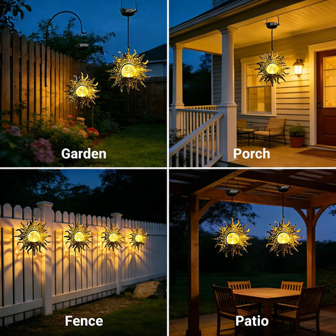 Decorations,2 Pack Hanging Solar Lights Outside Lanterns Garden Metal Sun Outdoor Art Decor for Backyard Balcony Patio