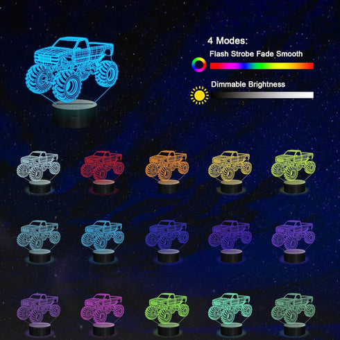 3D 16 Night Lights for Children, Kids Night Lamp, Monster Trucks for Boys, LED Colors Changing Lighting, Car Shape