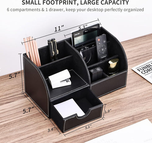 KINGFOM Pu Leather Desk Organizer Caddy Storage Box for Office Supplies, 6 Compartments with Drawer, Black (Full Pu