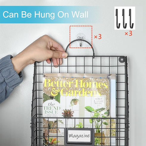 Hanging Wall File Organizer, Metal Wall Mounted Holder with Handles and Hooks, 3 Packs for Home Office Decor