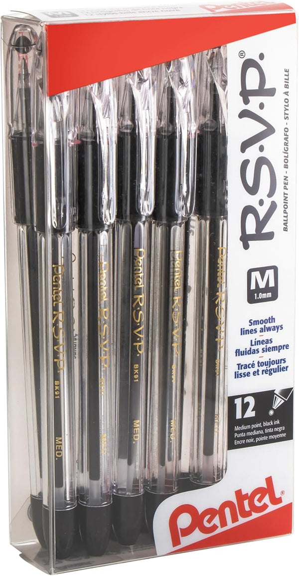 Pentel RSVP Ballpoint Pen, Medium Line, Black Ink, 12 Pack