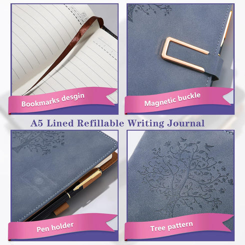 Xinnun 6 Set Leather Journal Writing Notebooks, Life Tree Refillable Hardcover Notebook with Ballpoint Pens