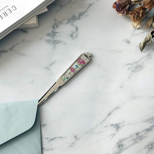 Decorative Envelope Paper Letter Opener with Antique Design, Silver Steel Office Knife, Peony