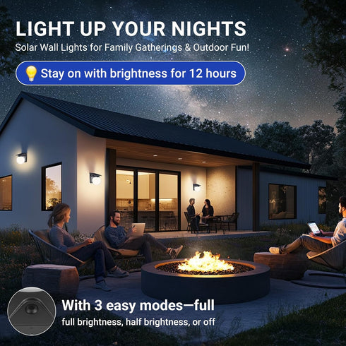 1 Pack, 3 IP65 Solar Wall Lights Outdoor, Lighting Modes, Waterproof, Wireless Solar Powered LED Lights for Backyard