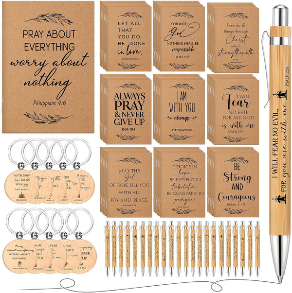 Seajan 40 Sets Christian Gifts, Bible Verse Notebooks, Religious Bamboo Pens, Wooden Keychains for Church Appreciation