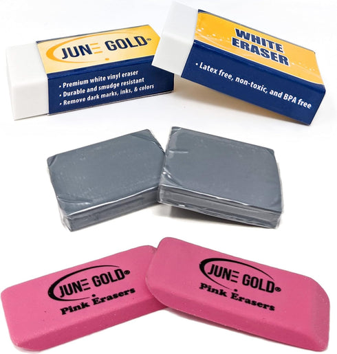 June Gold 15 Piece Art Eraser Set, 3 White Vinyl, 3 Pink Rubber, 3 Kneaded, 3 Retractable, & 3 Refills