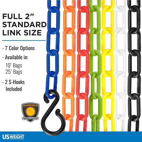 US Weight (Made in USA) 2" x 10' Yellow Plastic Safety Chain with SunShield UV Resistant Technology