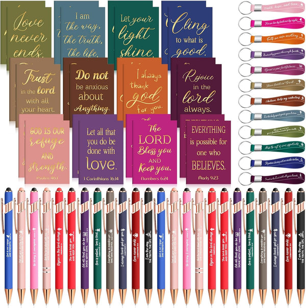 Estune 72 Pcs Christian Bible Gifts Set Bulk, Inspirational Ballpoint Pens, Scripture Notebooks, Keychain