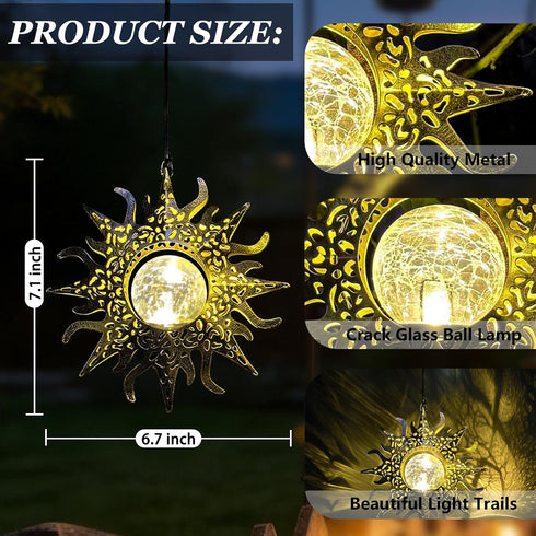 Decorations,2 Pack Hanging Solar Lights Outside Lanterns Garden Metal Sun Outdoor Art Decor for Backyard Balcony Patio
