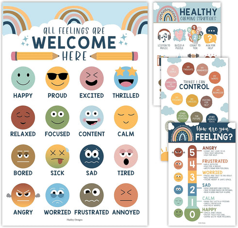 Hadley Designs Feelings Chart for Kids Ages 4-8, Emotions Chart for Toddlers 3-5, Counseling Posters for Classroom Decor