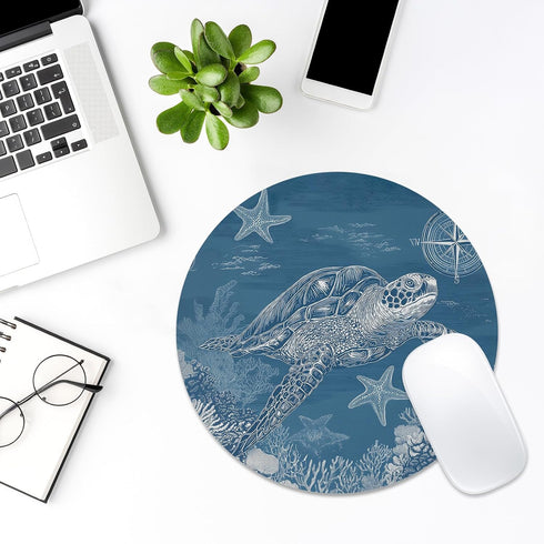 Velluxion 8x8 Sea Turtle Mouse Pad in, Cute Chill Vibe Ocean Themed Round Mousepad with Non-Slip Rubber Base