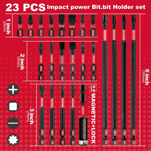 Impact Tough Magnetic Mixed 23Pack Insert Driver Bits, S2 Alloy Steel Screwdriver Power Bits Set with Magnetic Bit